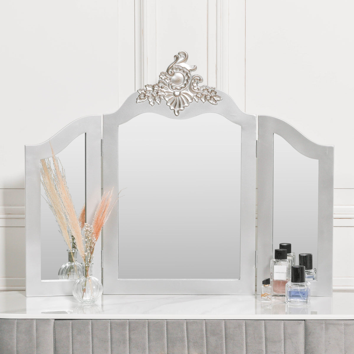 French Rococo Silver Triple-Fold Vanity Mirror Mirror CasaFenix