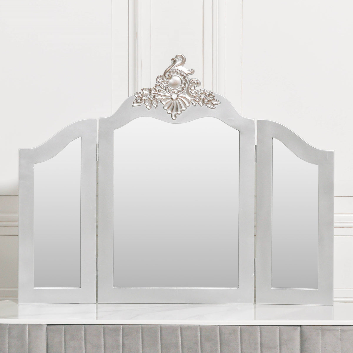 French Rococo Silver Triple-Fold Vanity Mirror Mirror CasaFenix