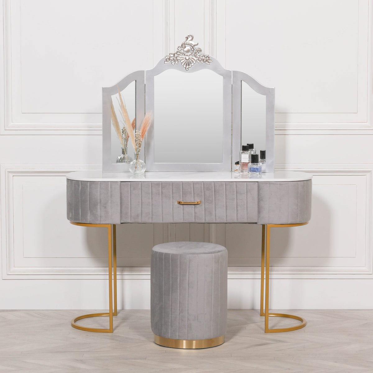 French Rococo Silver Triple-Fold Vanity Mirror Mirror CasaFenix