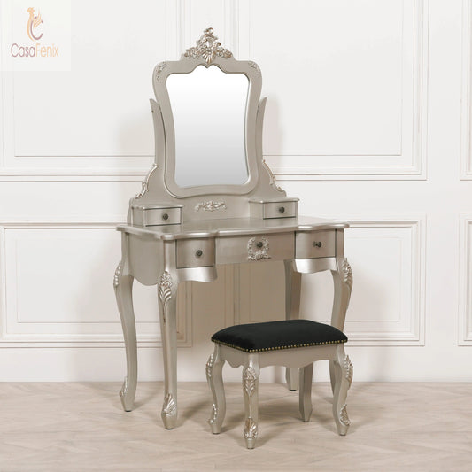 French Antique Rococo Style Silver Dressing Table & Stool with Mirror - CasaFenix