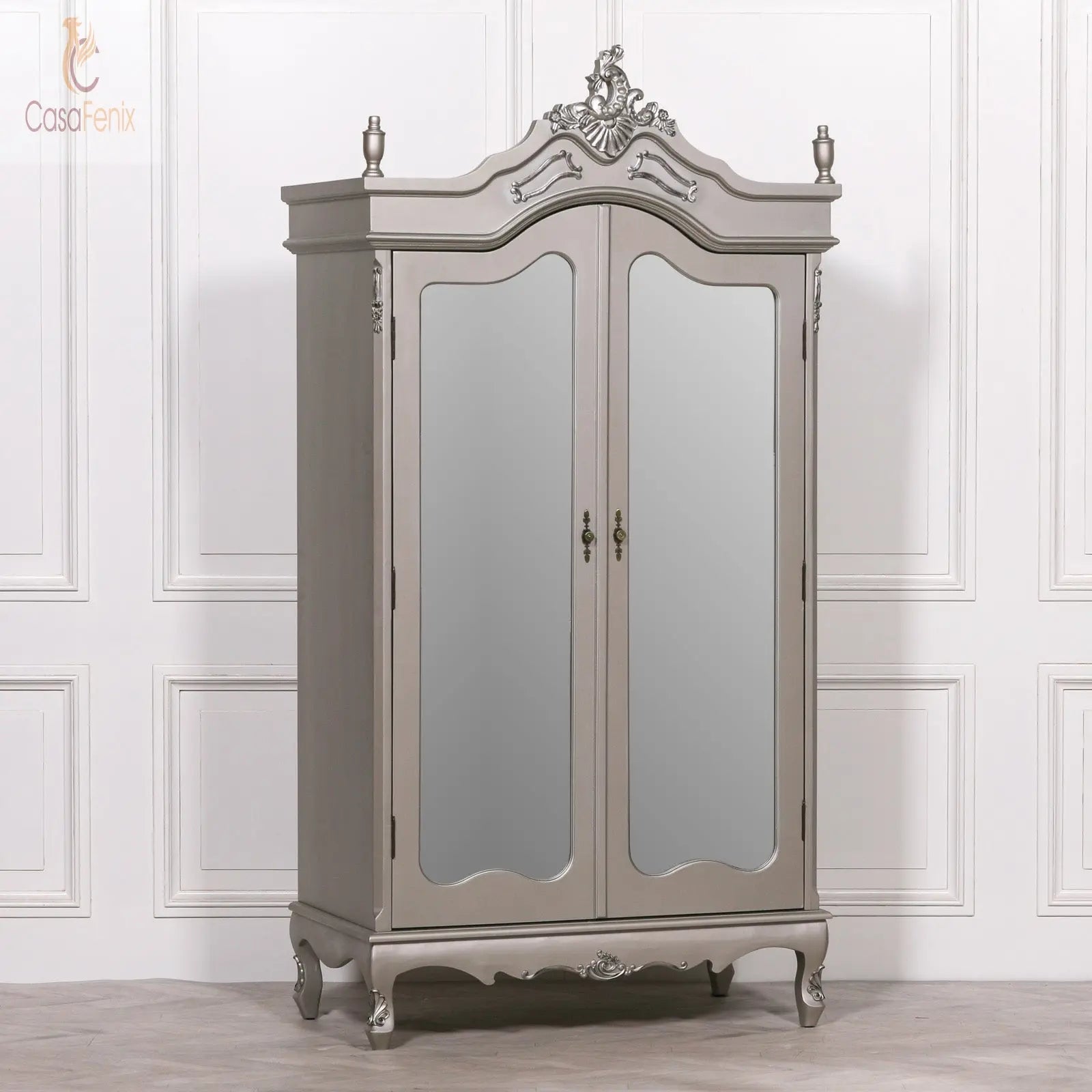French Antique Silver Double Mirrored Door Armoire - CasaFenix