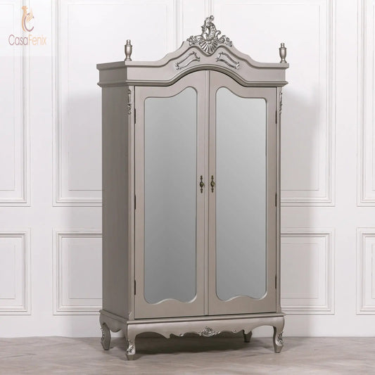 French Antique Silver Double Mirrored Door Armoire - CasaFenix