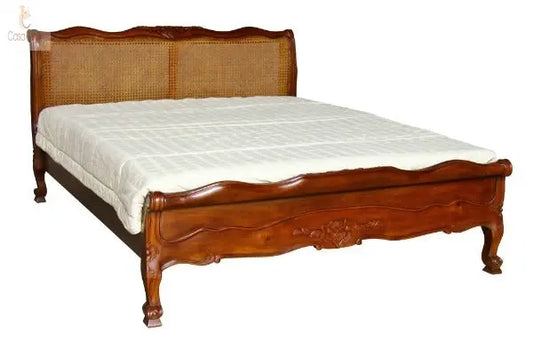 French Louis Style Cane Rattan & Mahogany Bed (Low Foot Board) - CasaFenix