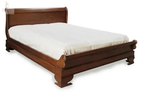 French Style Solid Mahogany Sleigh Bed With Low Foot Board - CasaFenix