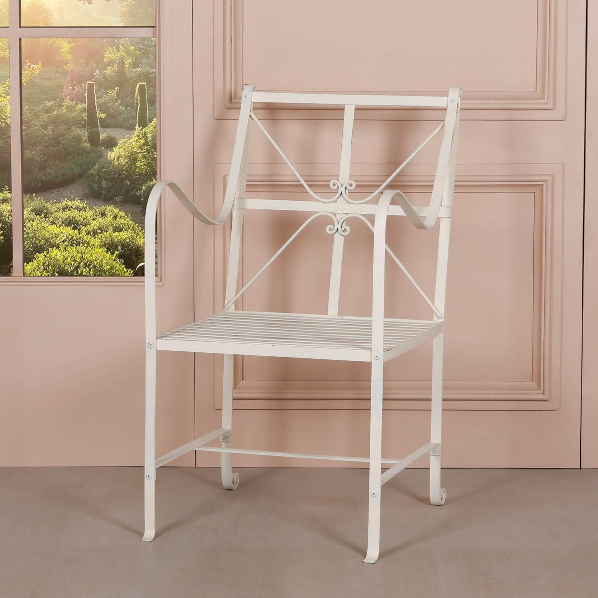 Distressed Cream Iron Garden Dining Chair with Arms Dining chair CasaFenix