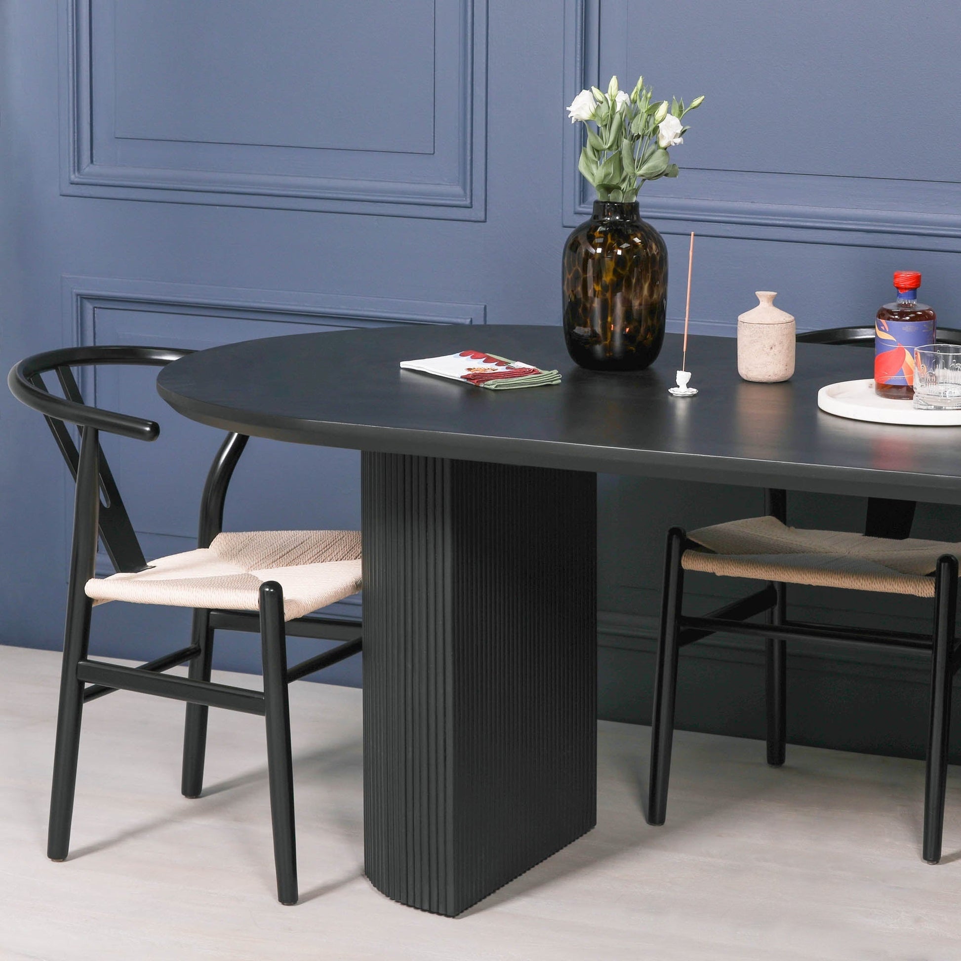 Black Painted Acacia Fluted Oval Dining Table  CasaFenix
