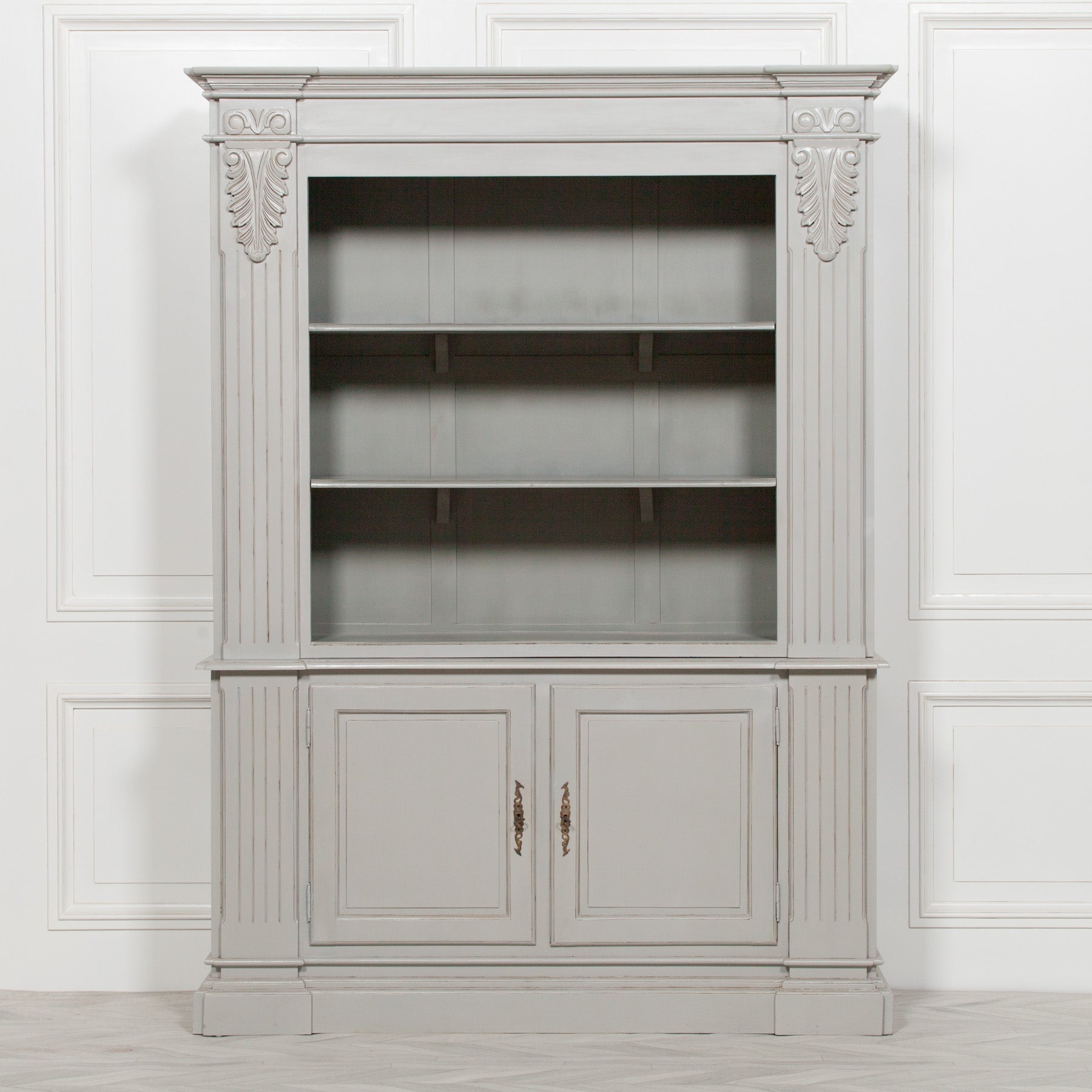 Large Grey Painted Mahogany Classic Styled Open Bookcase Carved Columns Bookcase CasaFenix