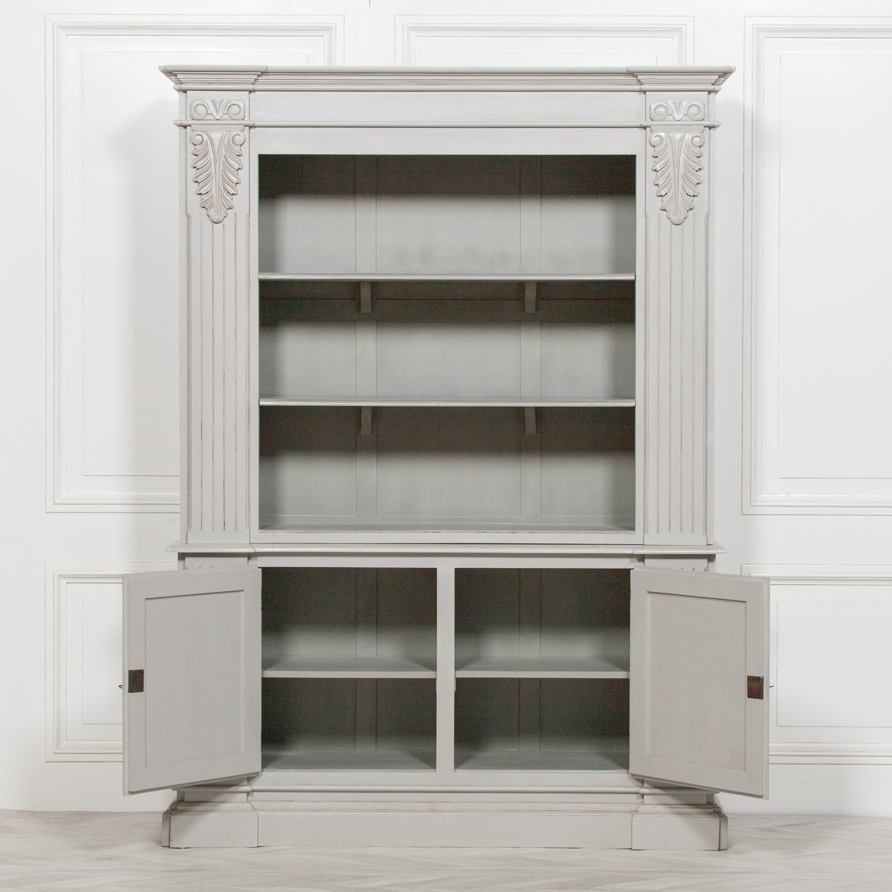 Large Grey Painted Mahogany Classic Styled Open Bookcase Carved Columns Bookcase CasaFenix