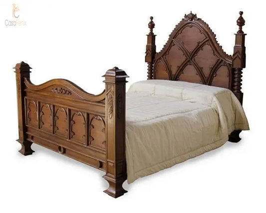 Gothic Style Solid Mahogany Bed Ecclesiastical Design - CasaFenix