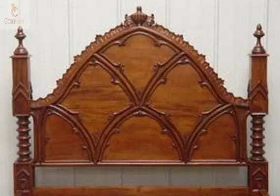 Gothic Style Solid Mahogany Bed Ecclesiastical Design - CasaFenix