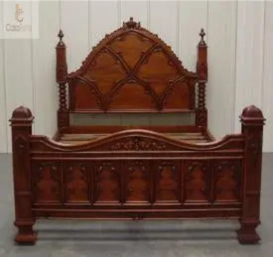 Gothic Style Solid Mahogany Bed Ecclesiastical Design - CasaFenix