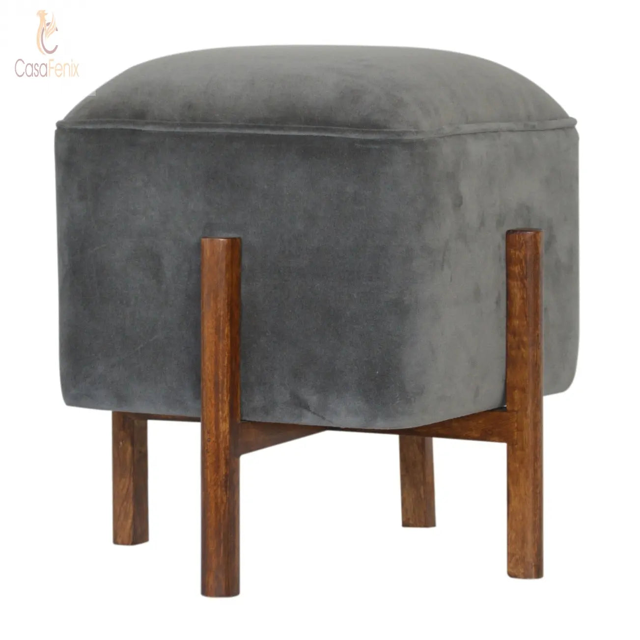 Grey Velvet Footstool with Solid Wood Legs 100% solid mango woo - CasaFenix