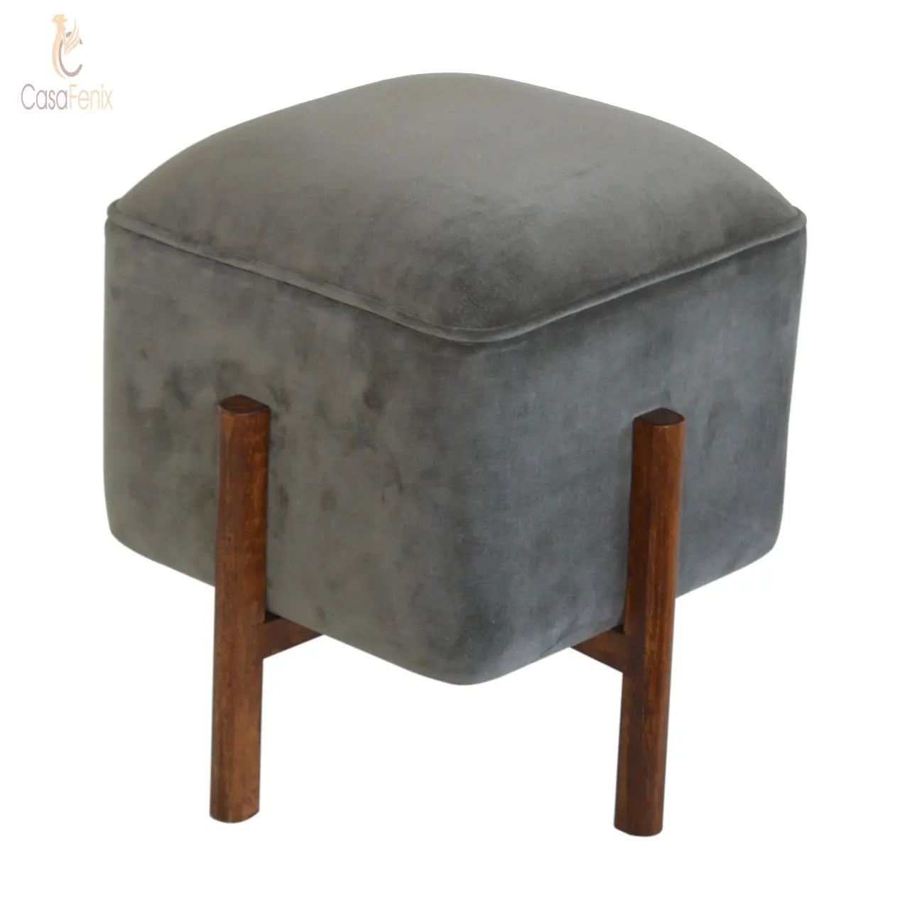 Grey Velvet Footstool with Solid Wood Legs 100% solid mango woo - CasaFenix