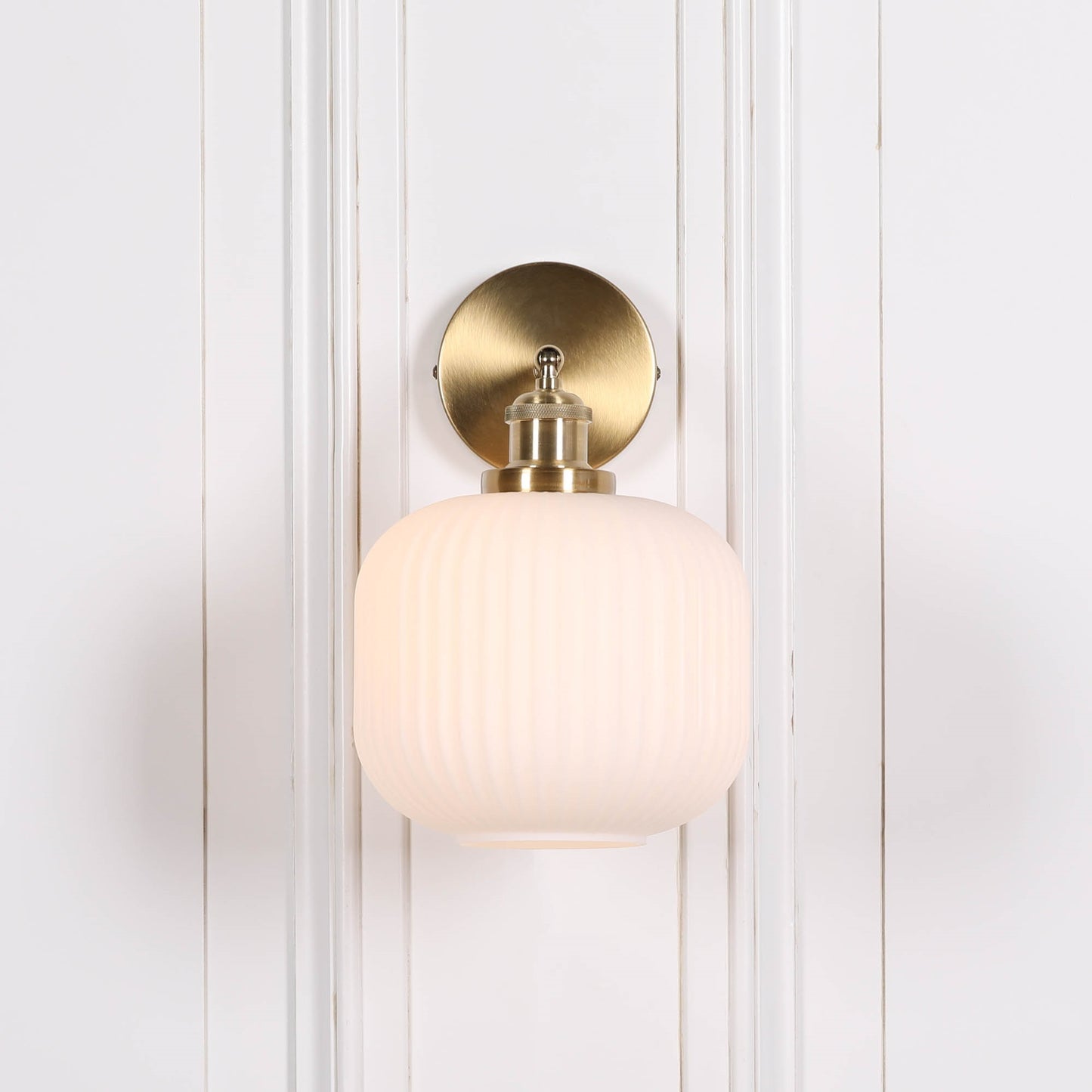 Brushed Brass Wall Light with Fluted Frosted Glass Shade | Adjustable Arm