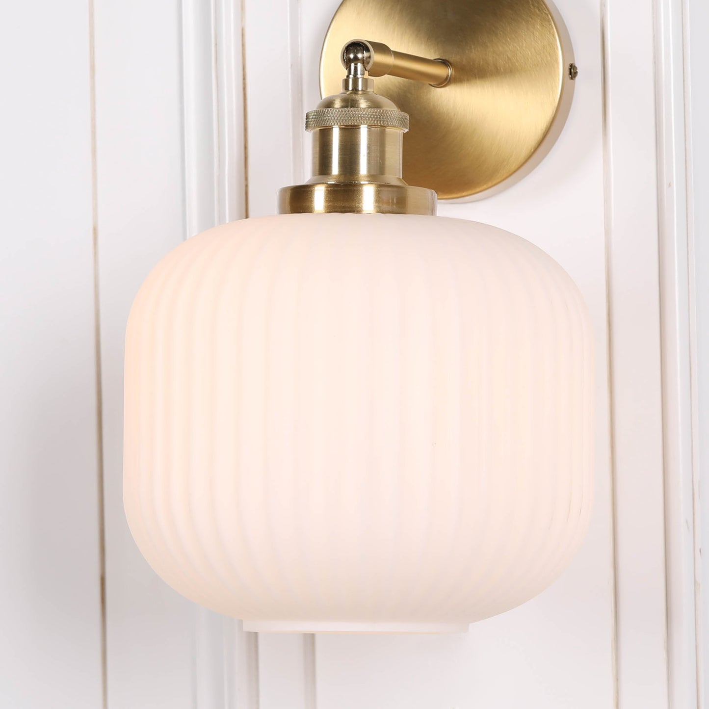 Brushed Brass Wall Light with Fluted Frosted Glass Shade | Adjustable Arm