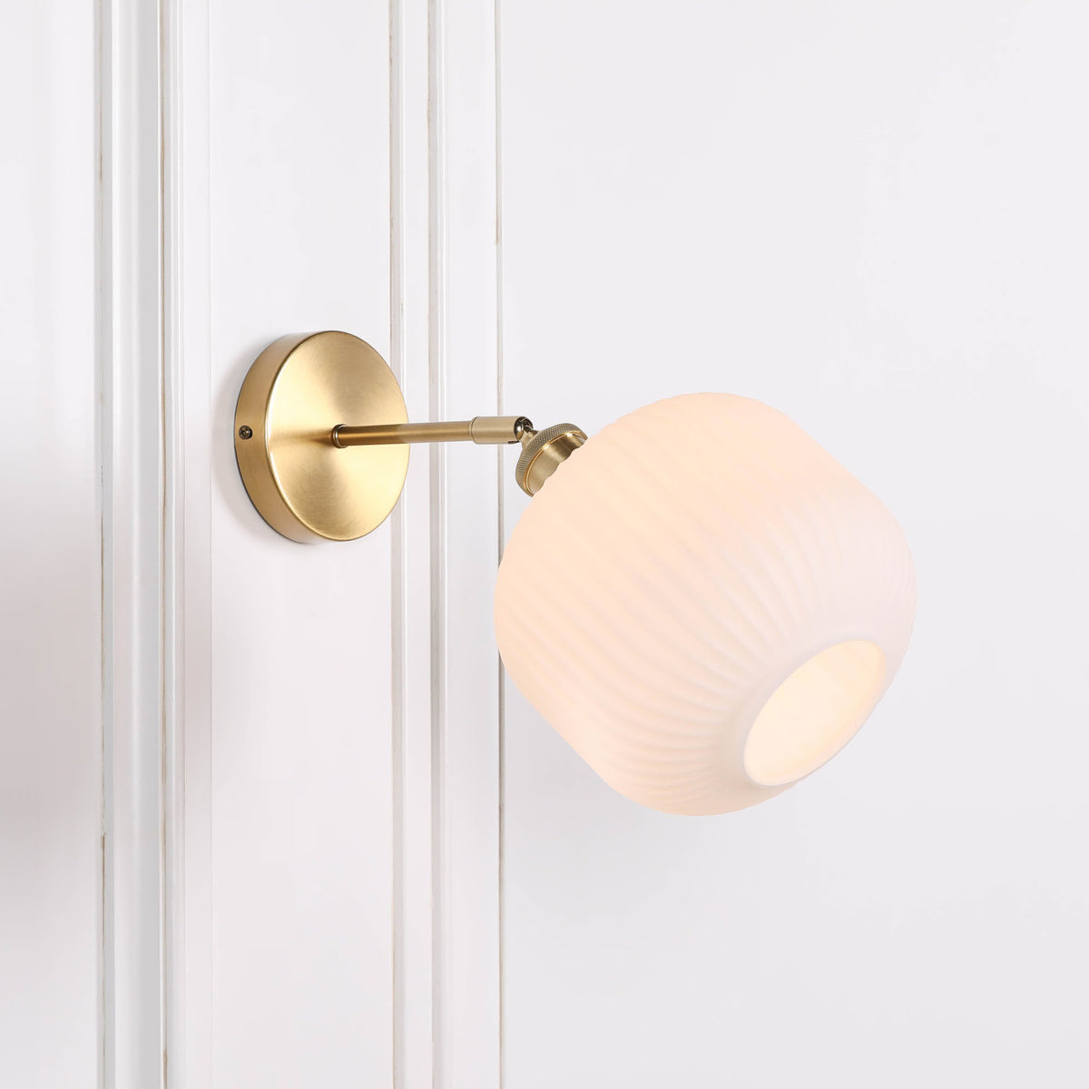 Brushed Brass Wall Light with Fluted Frosted Glass Shade | Adjustable Arm