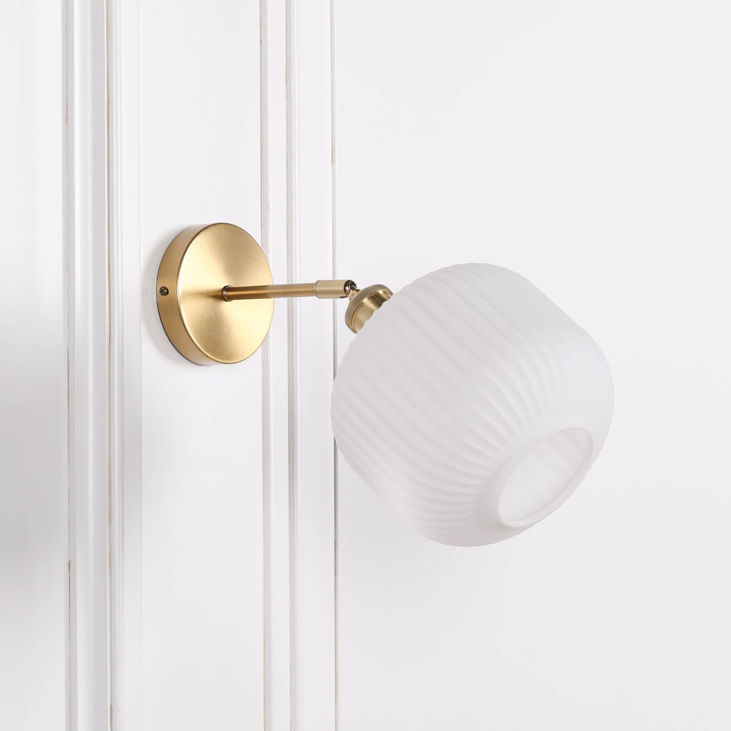 Brushed Brass Wall Light with Fluted Frosted Glass Shade | Adjustable Arm