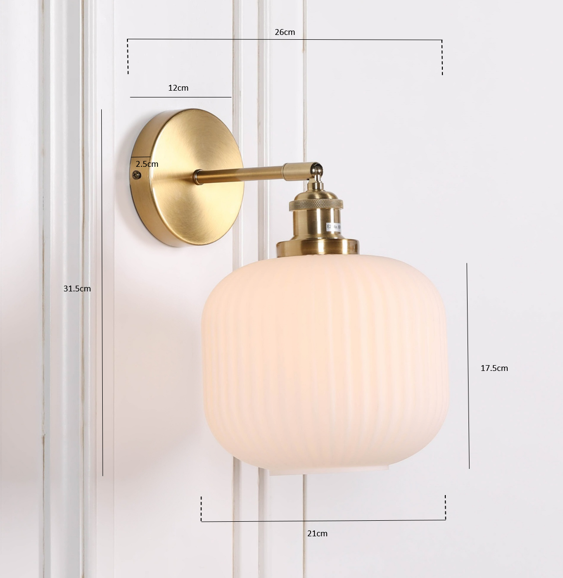 Brushed Brass Wall Light with Fluted Frosted Glass Shade | Adjustable Arm