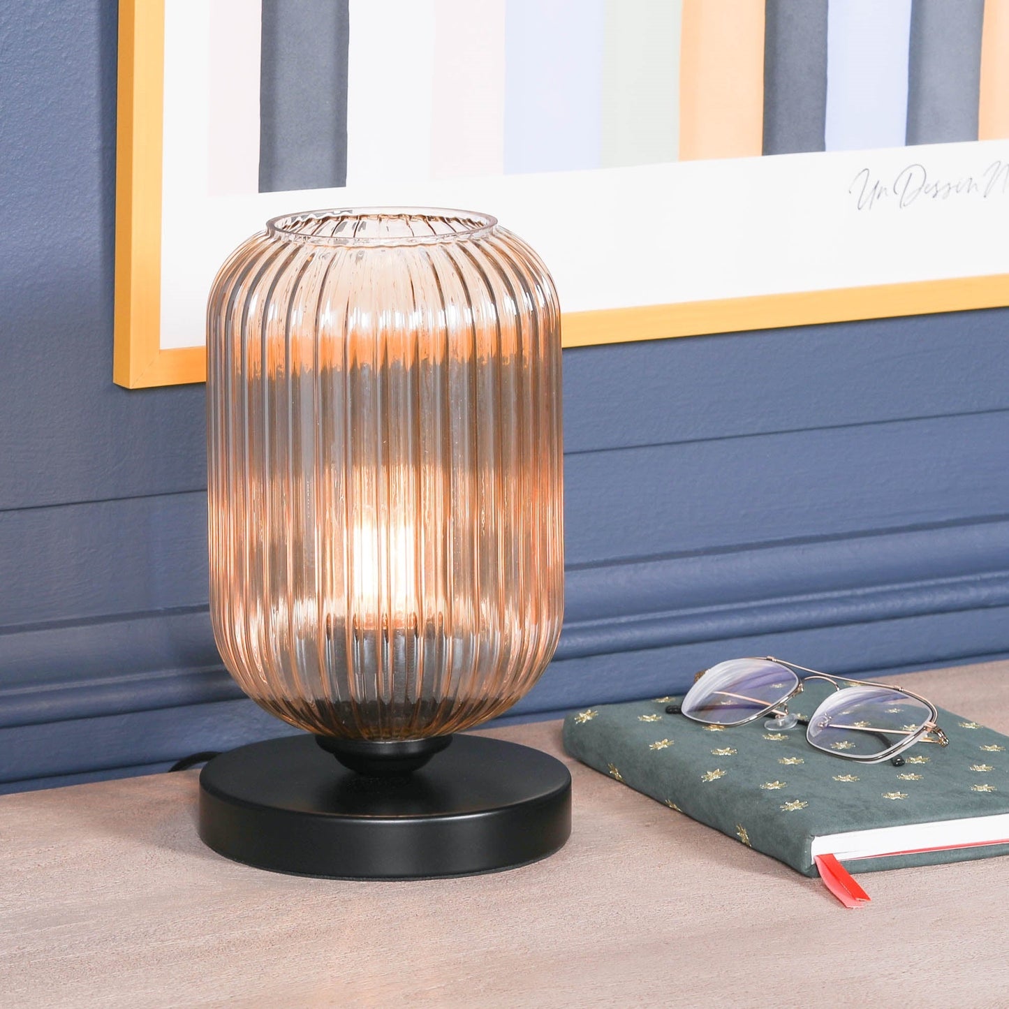 Black Metal Industrial Table Lamp with Ribbed Smoked Glass Shade Lamp CasaFenix