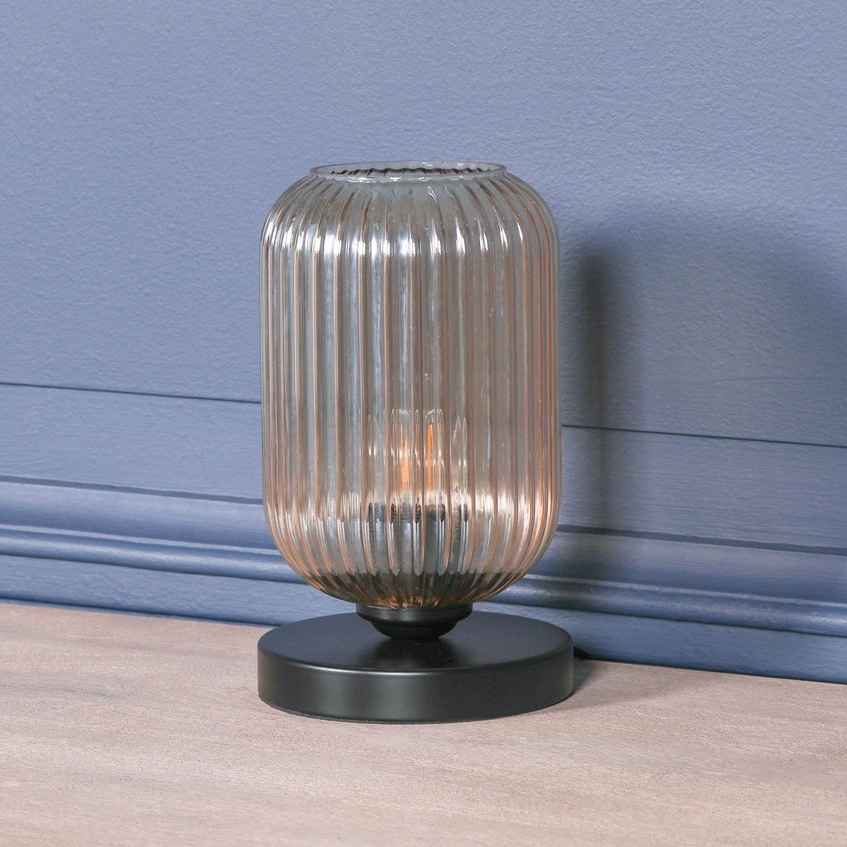 Black Metal Industrial Table Lamp with Ribbed Smoked Glass Shade Lamp CasaFenix