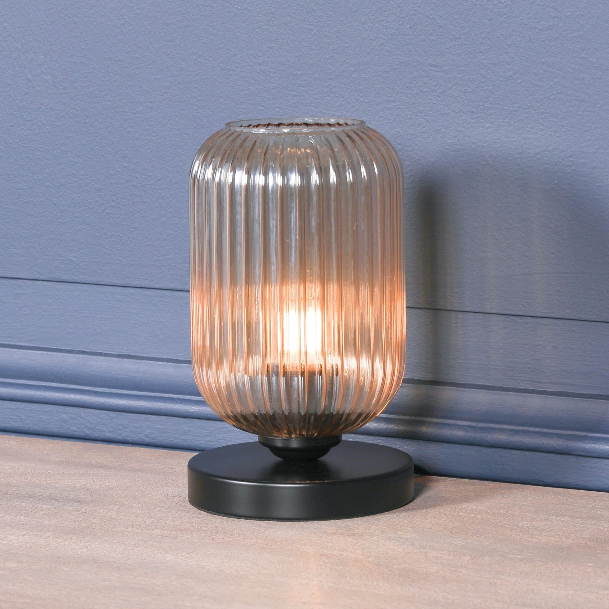 Black Metal Industrial Table Lamp with Ribbed Smoked Glass Shade Lamp CasaFenix