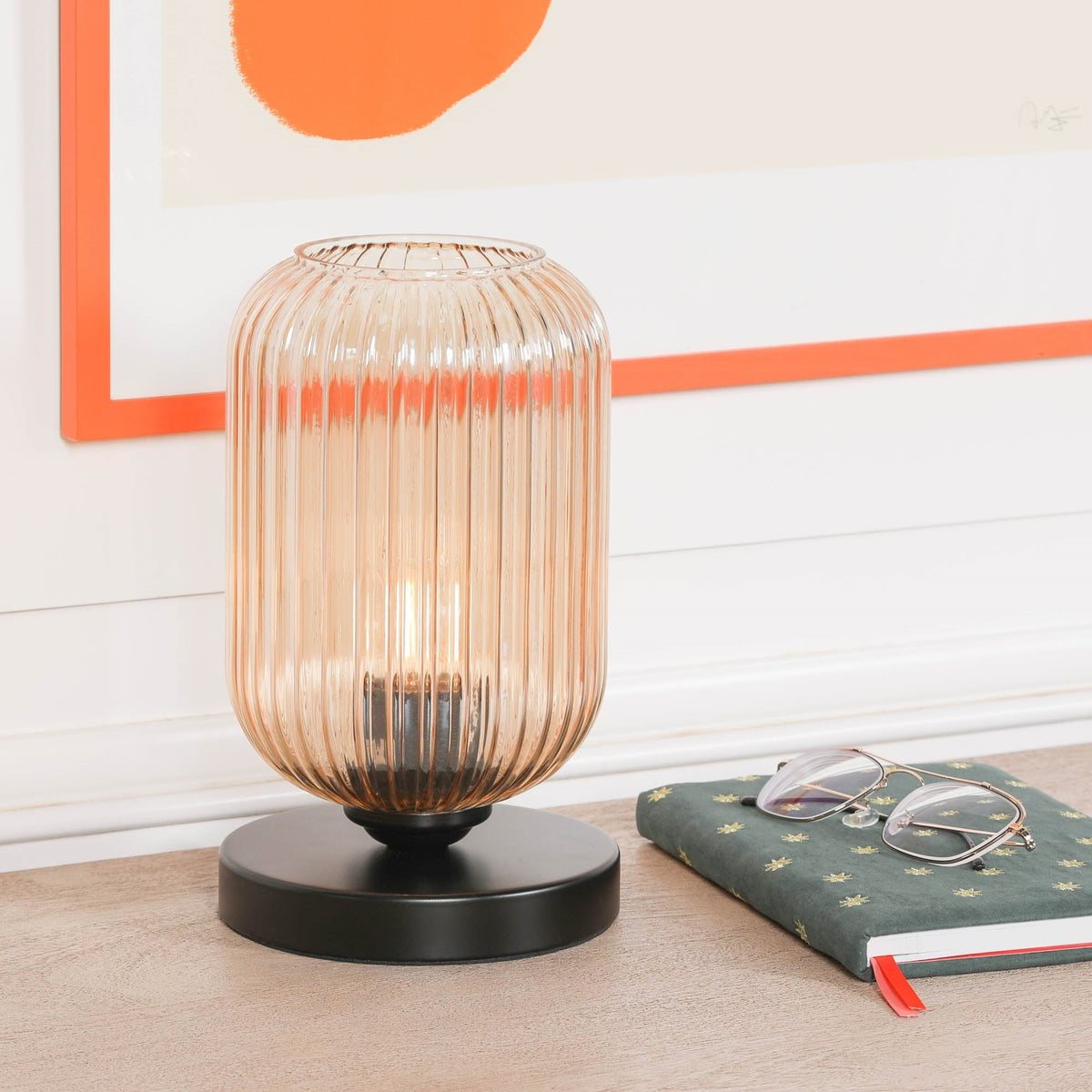 Black Metal Industrial Table Lamp with Ribbed Smoked Glass Shade Lamp CasaFenix