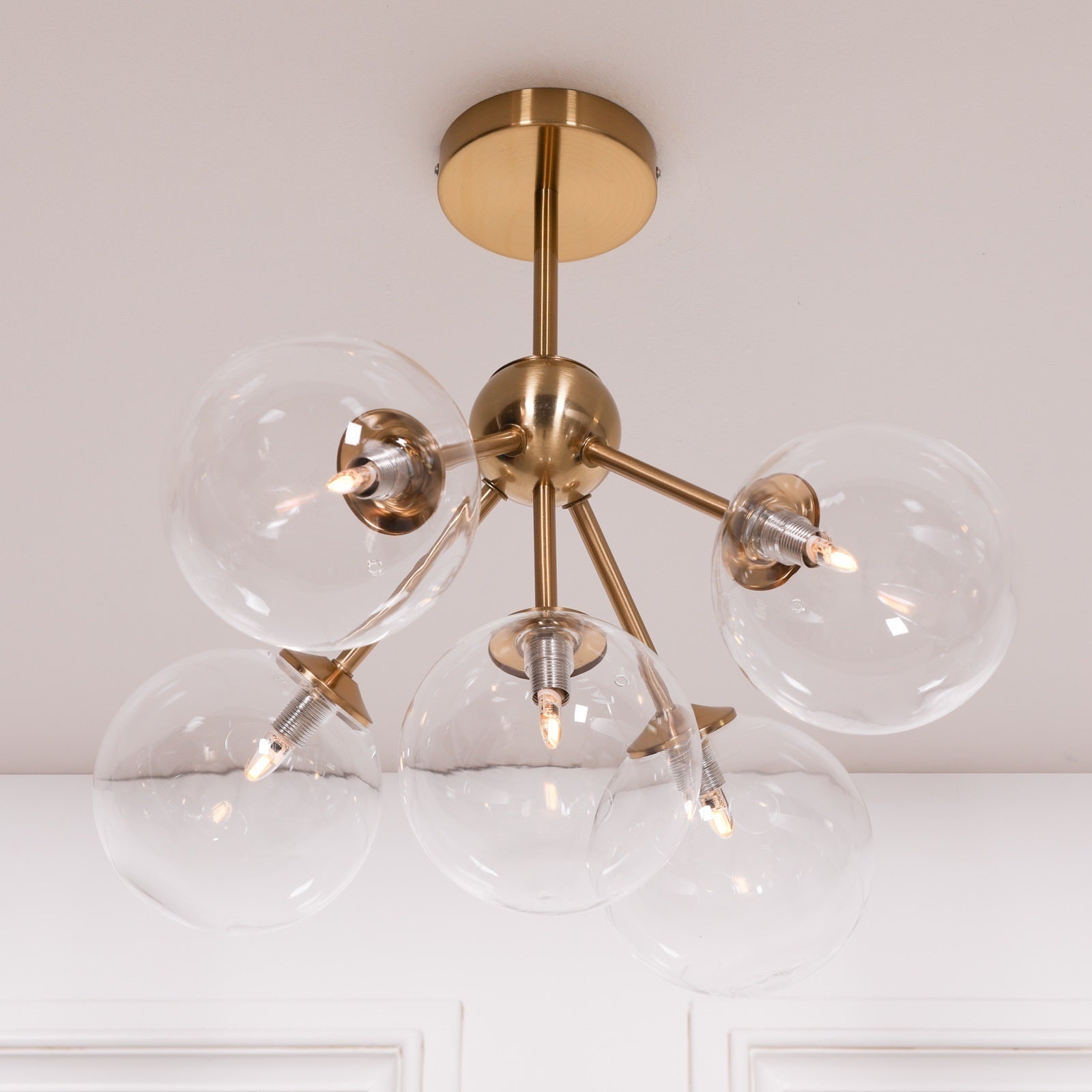Gold Satin Deco 5 Arm Sputnik Glass Ball Ceiling Light Side Table CasaFenix