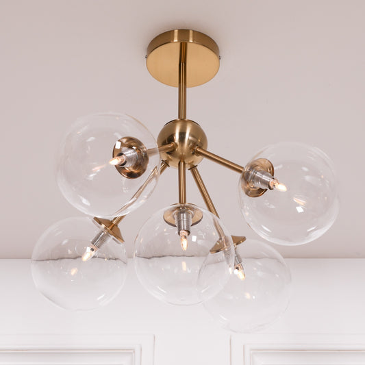 Gold Satin Deco 5 Arm Sputnik Glass Ball Ceiling Light Side Table CasaFenix