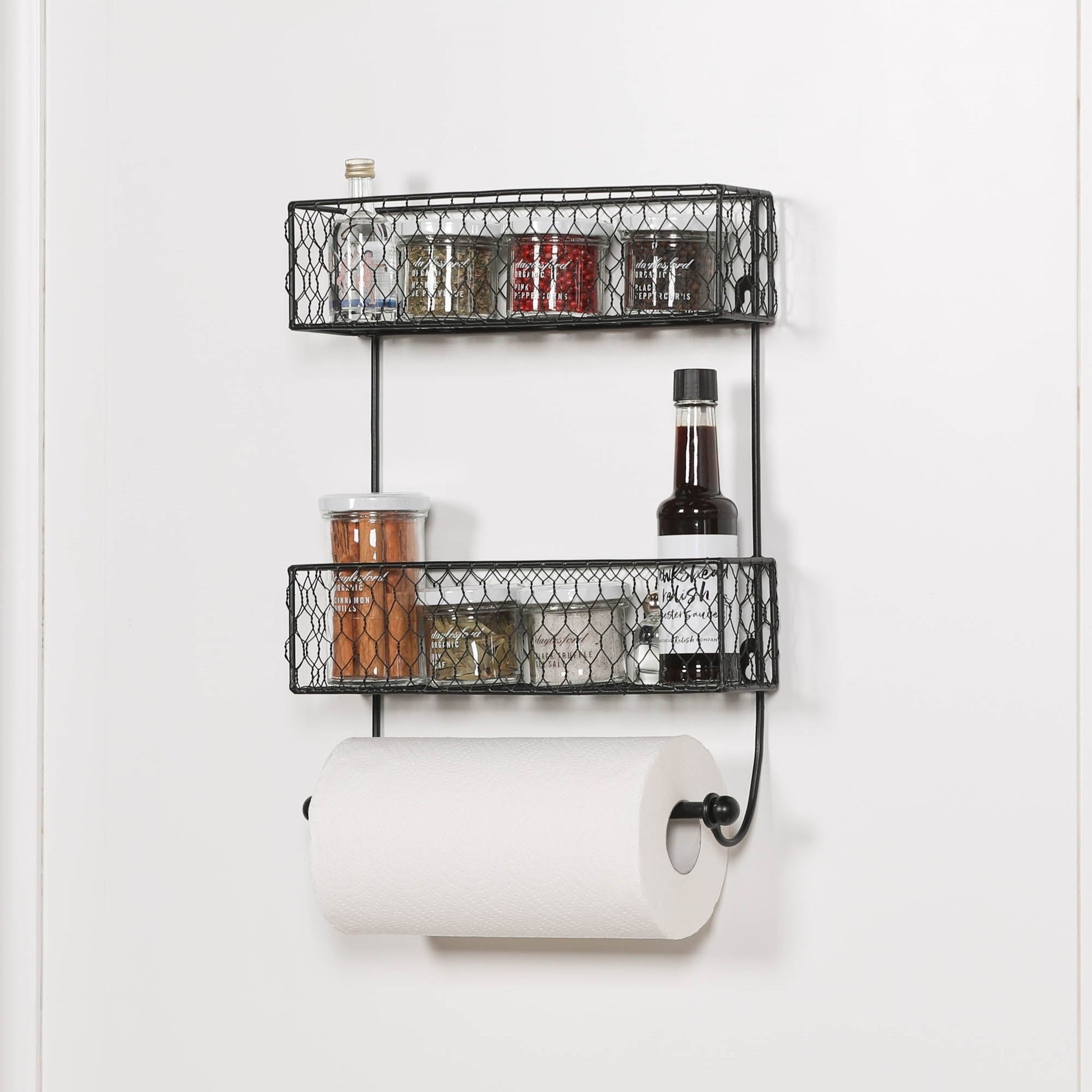 Black Metal Wall-Mounted Spice Rack with 2 Shelves & Kitchen Roll Holder wall rack CasaFenix