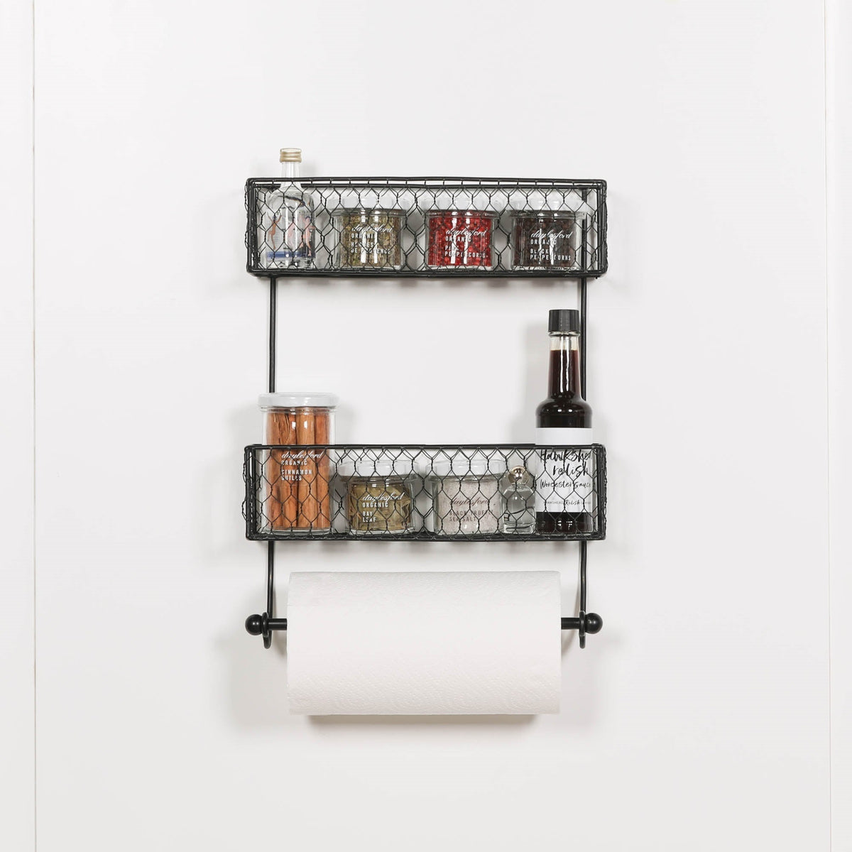 Black Metal Wall-Mounted Spice Rack with 2 Shelves & Kitchen Roll Holder wall rack CasaFenix