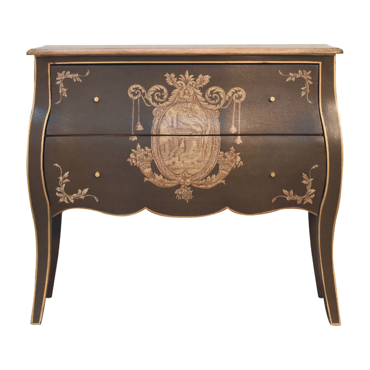 Hand‑Painted French‑Style Coroner Chest – Grey‑Green Solid Mango Wood with Crown Crest, Brass Knobs & Chantilly Legs Chest of drawers CasaFenix