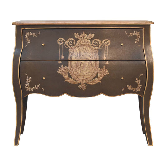 Hand‑Painted French‑Style Coroner Chest – Grey‑Green Solid Mango Wood with Crown Crest, Brass Knobs & Chantilly Legs Chest of drawers CasaFenix