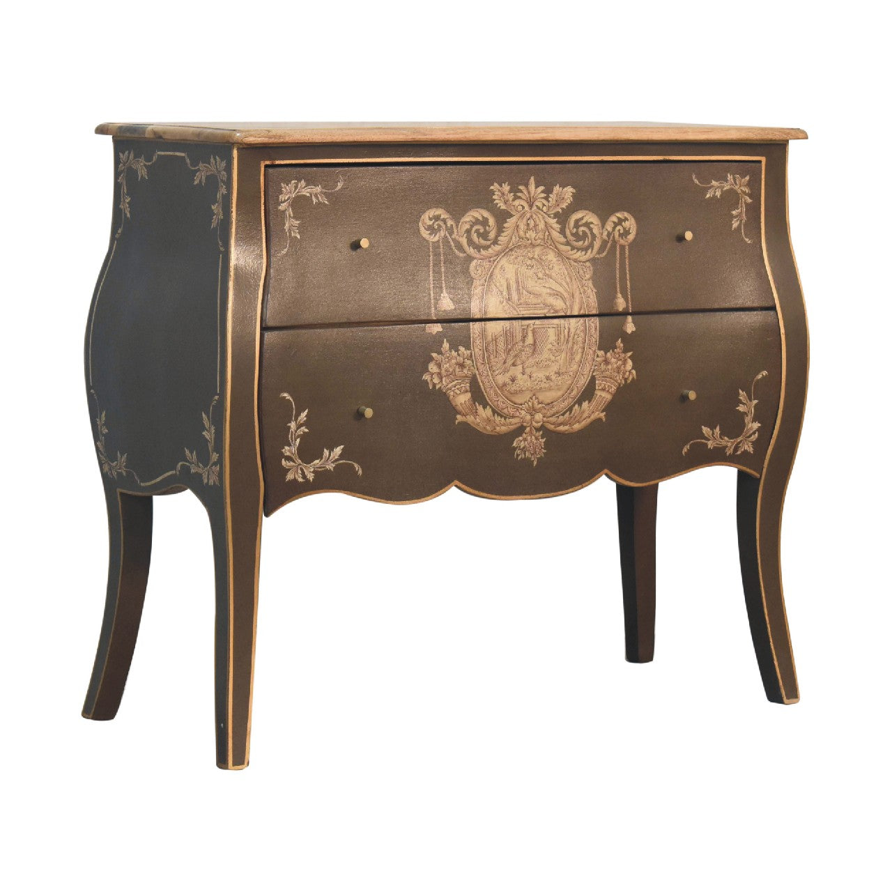 Hand‑Painted French‑Style Coroner Chest – Grey‑Green Solid Mango Wood with Crown Crest, Brass Knobs & Chantilly Legs Chest of drawers CasaFenix