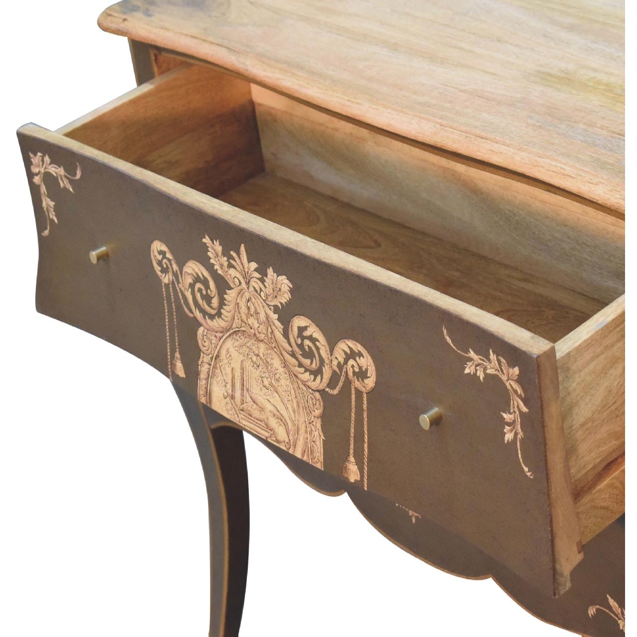 Hand‑Painted French‑Style Coroner Chest – Grey‑Green Solid Mango Wood with Crown Crest, Brass Knobs & Chantilly Legs Chest of drawers CasaFenix
