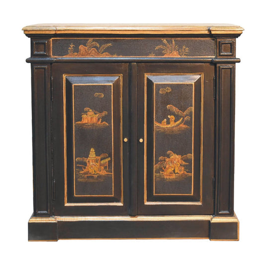 Hand-Painted Oriental Wine Cabinet – Solid Mango Wood with Peking Motifs, Brass Knob & Plinth Base Wine Storage CasaFenix