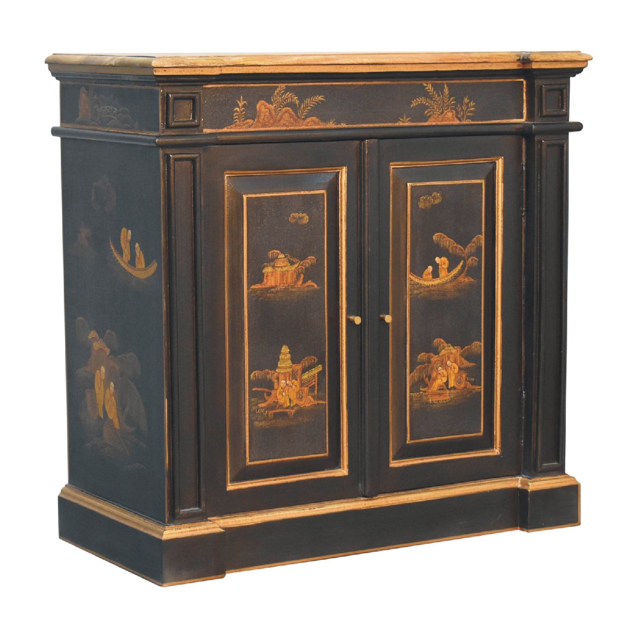 Hand-Painted Oriental Wine Cabinet – Solid Mango Wood with Peking Motifs, Brass Knob & Plinth Base Wine Storage CasaFenix