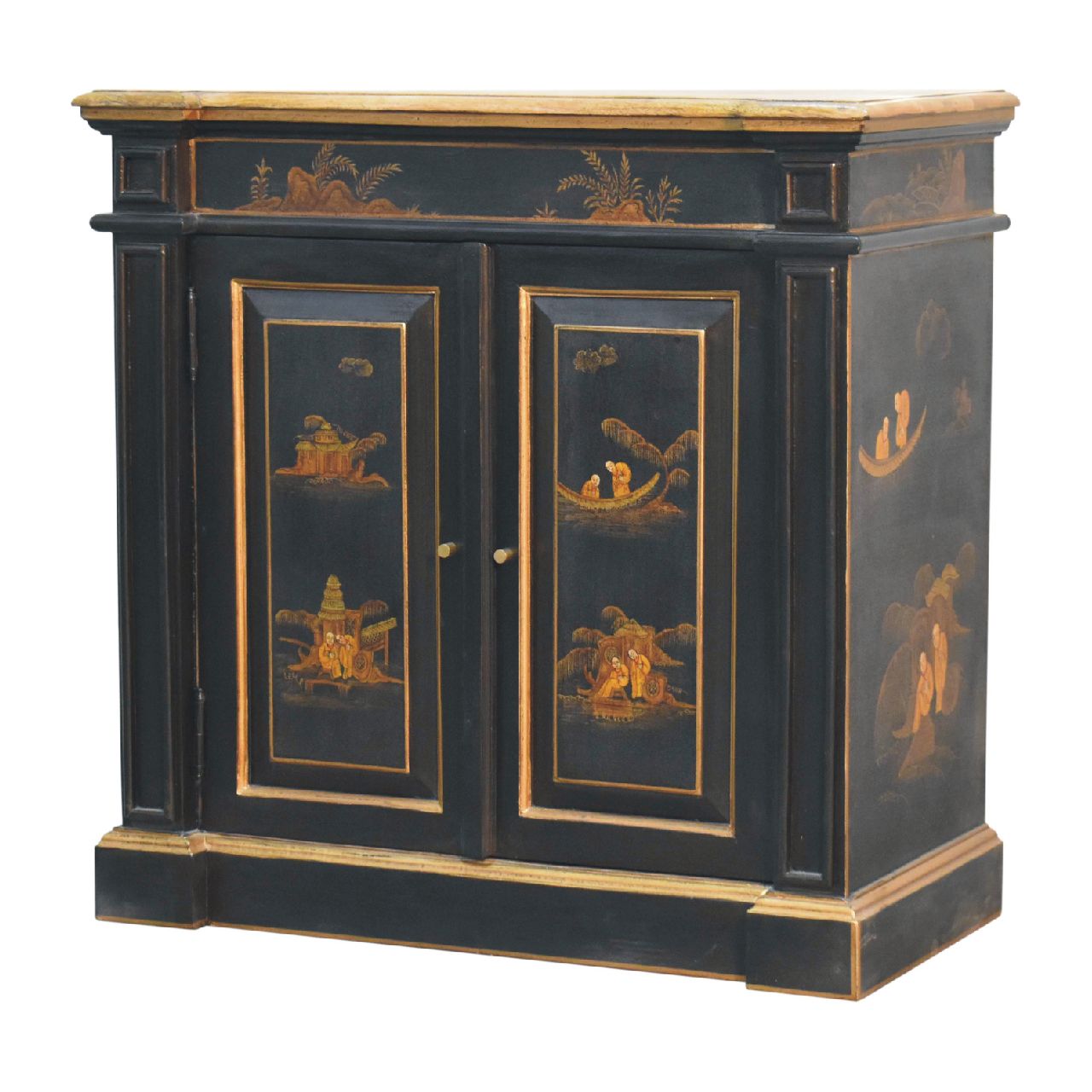 Hand-Painted Oriental Wine Cabinet – Solid Mango Wood with Peking Motifs, Brass Knob & Plinth Base Wine Storage CasaFenix