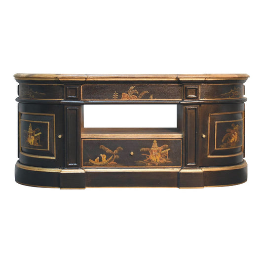 Hand‑Painted Oriental Elegance 2‑Door Media Unit – Solid Mango Wood, Black Lacquer Base with Peking Motifs & Brass Knobs Entertainment Centers & TV Stands CasaFenix
