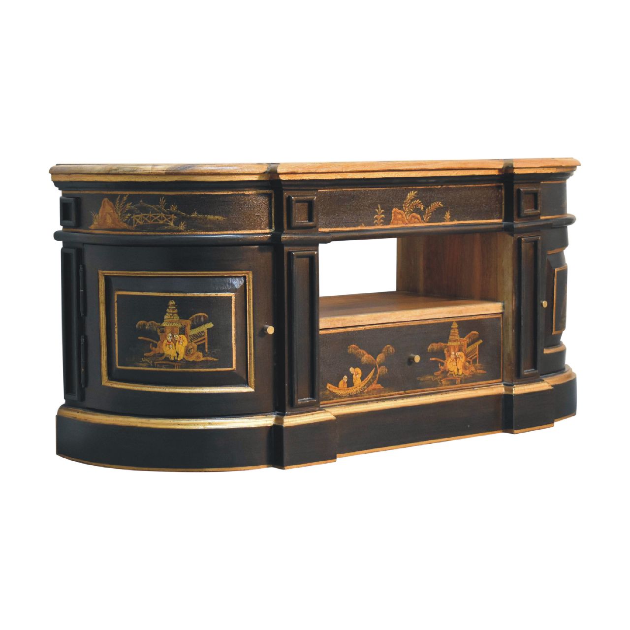 Hand‑Painted Oriental Elegance 2‑Door Media Unit – Solid Mango Wood, Black Lacquer Base with Peking Motifs & Brass Knobs Entertainment Centers & TV Stands CasaFenix