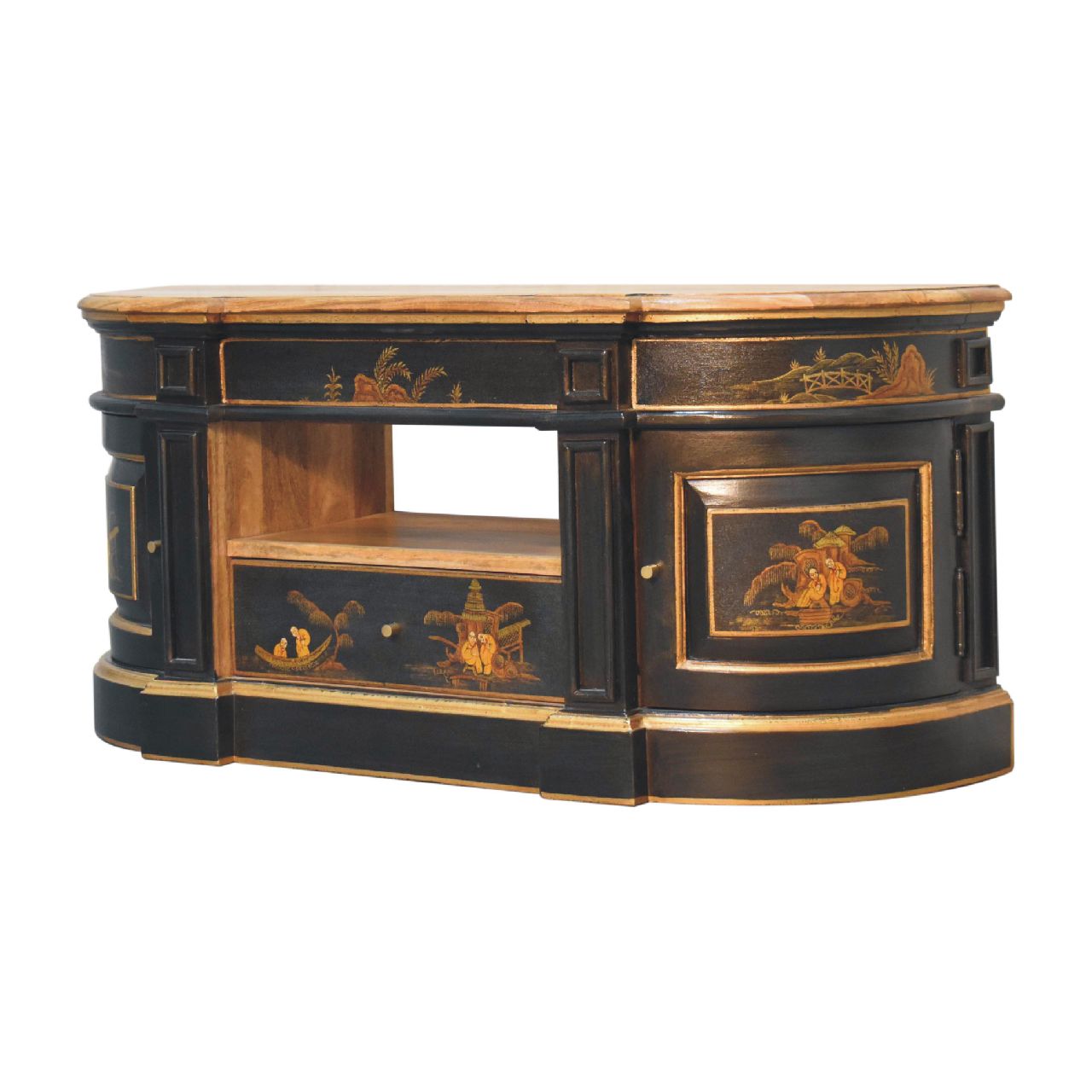 Hand‑Painted Oriental Elegance 2‑Door Media Unit – Solid Mango Wood, Black Lacquer Base with Peking Motifs & Brass Knobs Entertainment Centers & TV Stands CasaFenix