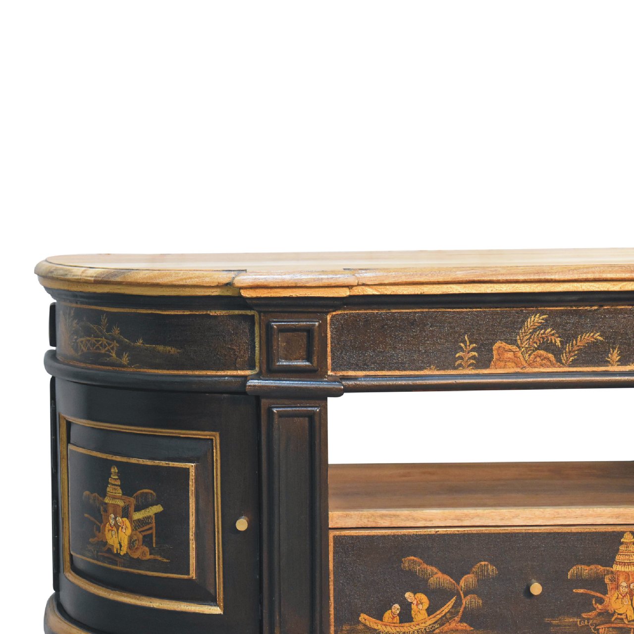 Hand‑Painted Oriental Elegance 2‑Door Media Unit – Solid Mango Wood, Black Lacquer Base with Peking Motifs & Brass Knobs Entertainment Centers & TV Stands CasaFenix