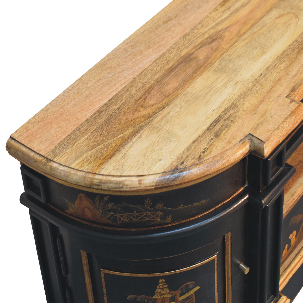 Hand‑Painted Oriental Elegance 2‑Door Media Unit – Solid Mango Wood, Black Lacquer Base with Peking Motifs & Brass Knobs Entertainment Centers & TV Stands CasaFenix