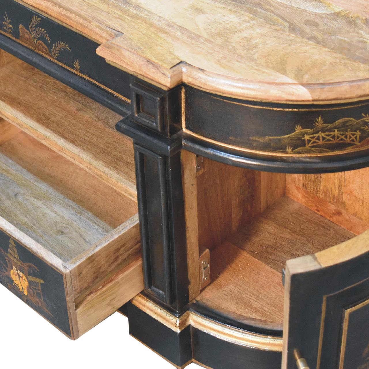 Hand‑Painted Oriental Elegance 2‑Door Media Unit – Solid Mango Wood, Black Lacquer Base with Peking Motifs & Brass Knobs Entertainment Centers & TV Stands CasaFenix