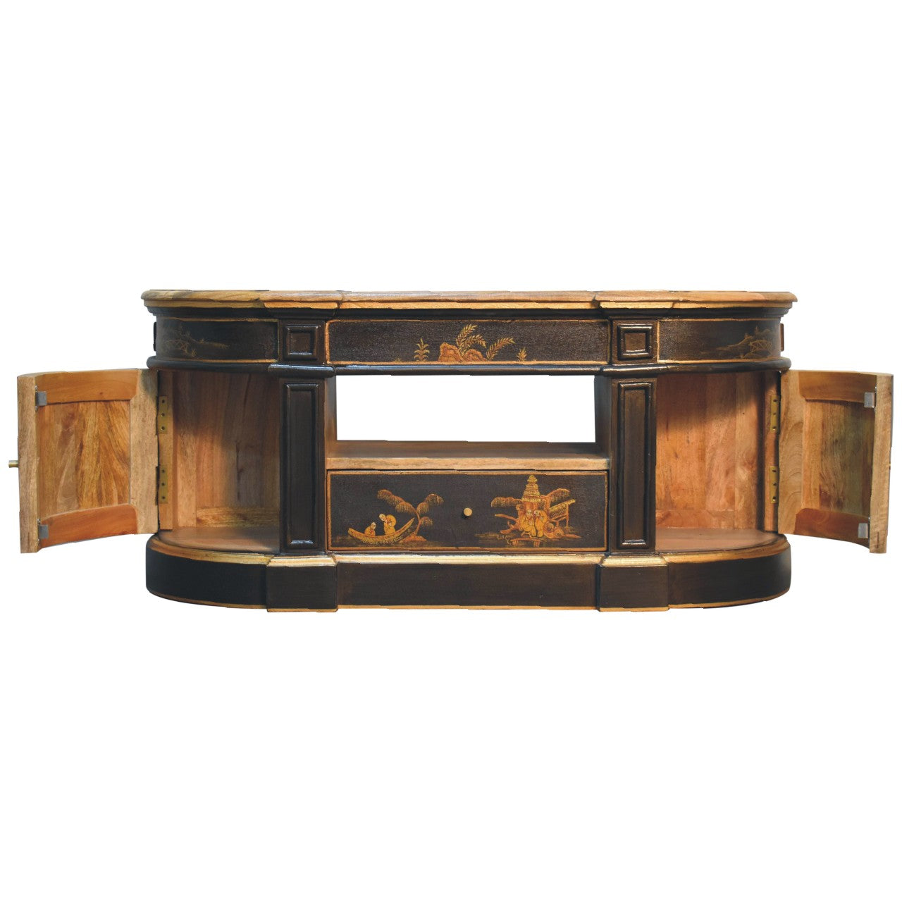 Hand‑Painted Oriental Elegance 2‑Door Media Unit – Solid Mango Wood, Black Lacquer Base with Peking Motifs & Brass Knobs Entertainment Centers & TV Stands CasaFenix