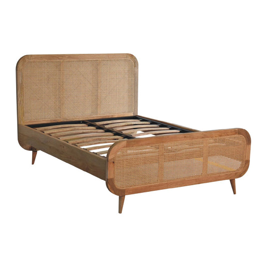 Handcrafted Oak‑Finish Rattan Double Bed – Solid Mango Wood Frame with Metal Slats & Scandinavian Legs Beds & Bed Frames CasaFenix
