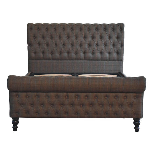 Handcrafted Multi‑Tweed Upholstered Double Bed – Solid Mango Wood Roll‑Top Frame with Deep Button Headboard & Nordic Legs Beds & Bed Frames CasaFenix