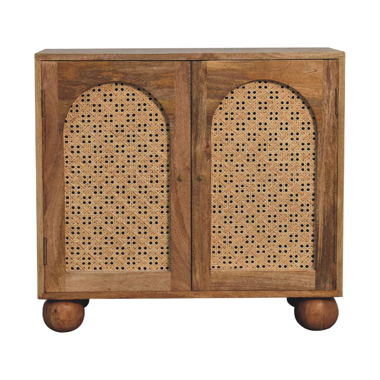 Nordic Rattan Ball Cabinet – Handcrafted Solid Mango Wood with Arch-Woven Doors, Brass Knobs & Sculpted Ball Feet Cabinets & Storage CasaFenix