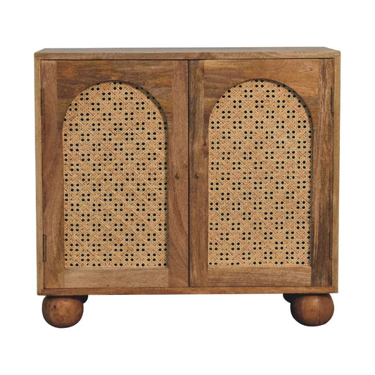 Nordic Rattan Ball Cabinet – Handcrafted Solid Mango Wood with Arch-Woven Doors, Brass Knobs & Sculpted Ball Feet Cabinets & Storage CasaFenix