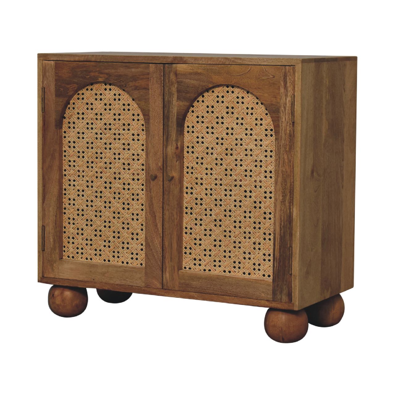 Nordic Rattan Ball Cabinet – Handcrafted Solid Mango Wood with Arch-Woven Doors, Brass Knobs & Sculpted Ball Feet Cabinets & Storage CasaFenix