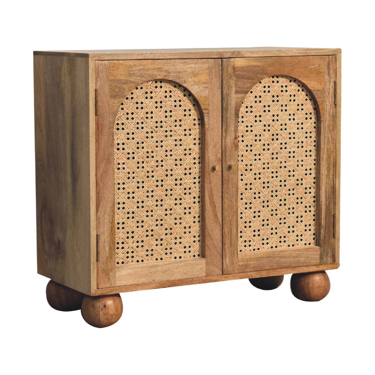 Nordic Rattan Ball Cabinet – Handcrafted Solid Mango Wood with Arch-Woven Doors, Brass Knobs & Sculpted Ball Feet Cabinets & Storage CasaFenix
